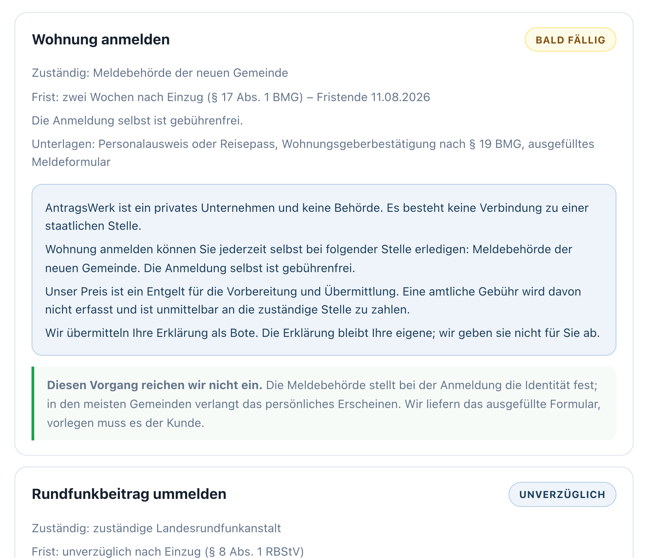 Fahrplan in AntragsWerk nach einem Umzug: die Wohnungsanmeldung mit laufender Zwei-Wochen-Frist nach § 17 Abs. 1 BMG, der zuständigen Meldebehörde, den nötigen Unterlagen und dem Hinweis, dass AntragsWerk ein privates Unternehmen und keine Behörde ist – darunter beginnt der Rundfunkbeitrag, der ohne Tagesfrist als unverzüglich geführt wird.