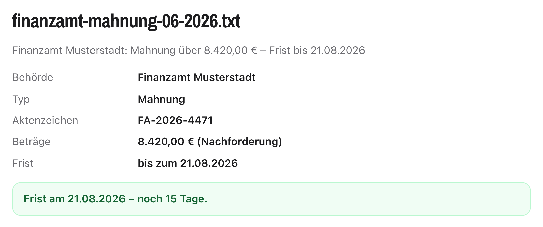 Analyse-Ergebnis in PostPilot: erkannte Behörde, Typ, Aktenzeichen, Nachforderung und Frist aus einer Finanzamts-Mahnung, darunter das Fristbanner mit den verbleibenden Tagen.